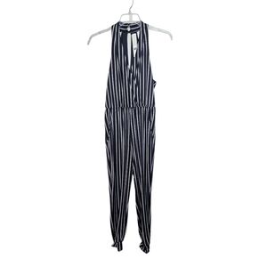Superfoxx Jumpsuit Blue White Striped Halter V-Neck Jogger Style Size Medium.